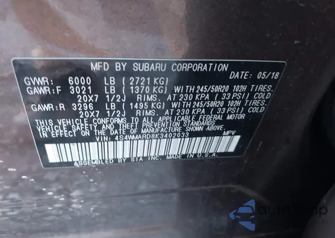 2019 Subaru Ascent Touring z USA, uszkodzony, nr VIN 4S4WMARD8K3402033